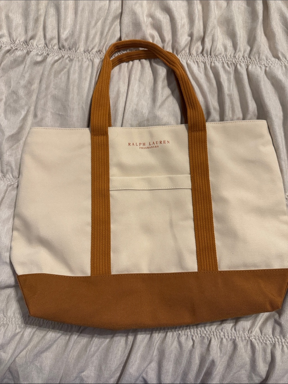 Ralph Lauren Cream & Camel Canvas Tote - New zips closed